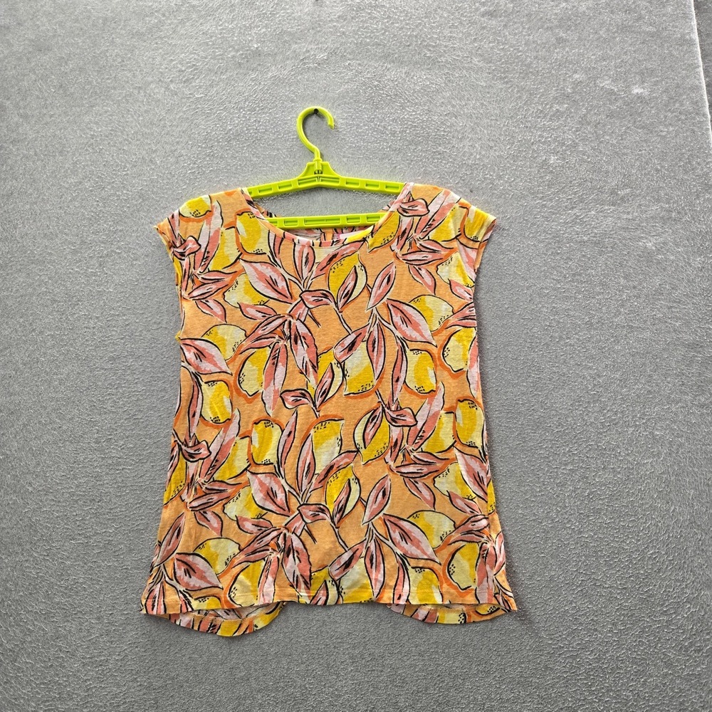 Isaac Mizrahi New York Women Shirt M Orange Linen Floral Scoop Neck Coastal